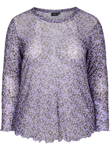 Tætsiddende mesh bluse med blomstermønster, Purple AOP, Packshot image number 0