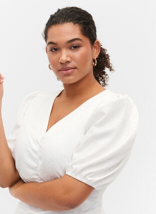 Kortærmet kjole med draperinger og struktur, Bright White, Model image number 2