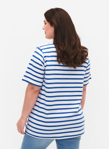 Stribet bomulds t-shirt, Blue Stripes, Model image number 1