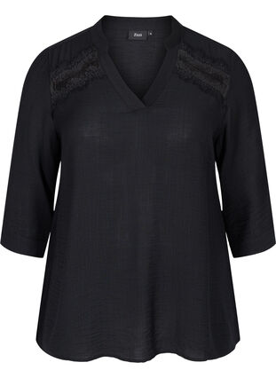 Viskosebluse med 3/4 ærmer og blondedetalje , Black, Packshot image number 0