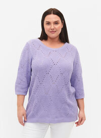 Strikbluse med 3/4 ærmer og hulmønster, Lavender, Model