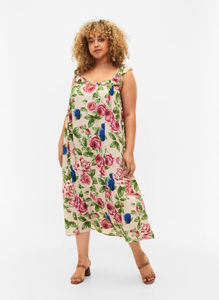 Blomstret midikjole med flæser, Bright Flower , Model image number 0
