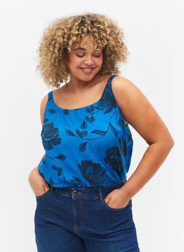 Ærmeløs viskose top med blomstermønster, Blue Flower AOP, Model image number 0