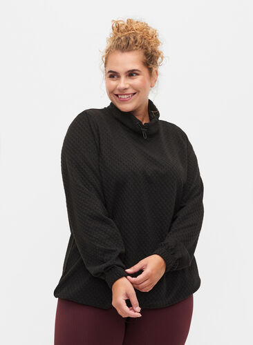 Sweatshirt med høj hals og justerbare elastiksnøre, Black, Model image number 0