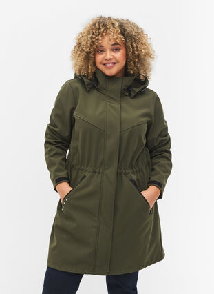 Lang softshell jakke med hætte, Forest Night Solid, Model image number 0