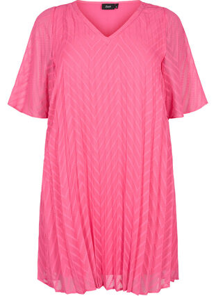 Kortærmet kjole med struktur, Shocking Pink, Packshot image number 0