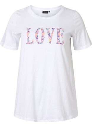 Bomulds t-shirt med rund hals og tryk, Bright White W. Love, Packshot image number 0