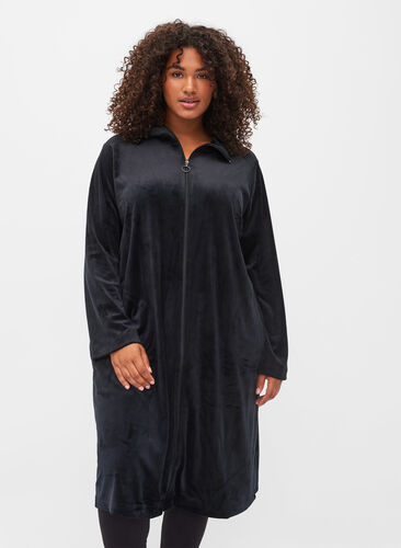 Velourkjole med lynlås og lommer, Black, Model image number 0