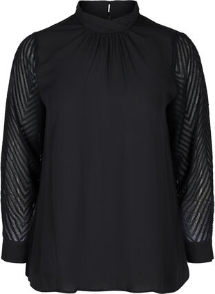 Højhalset bluse med lange transparente ærmer, Black, Packshot image number 0