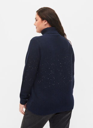 Strikbluse med rullekrave og pailletter, Navy Blazer, Model image number 1