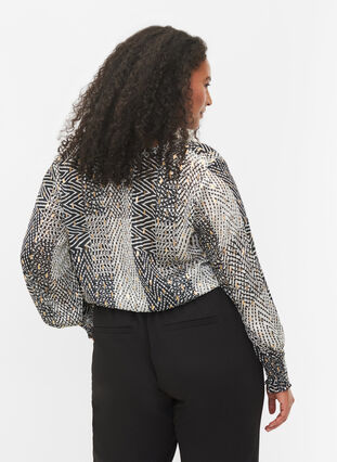 Printet bluse med smock og v-hals, Black Graphic Stripe, Model image number 1