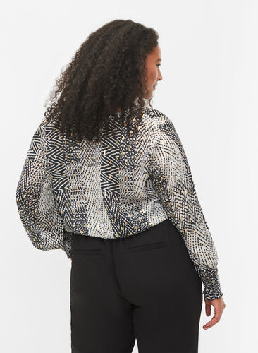 Printet bluse med smock og v-hals, Black Graphic Stripe, Model image number 1
