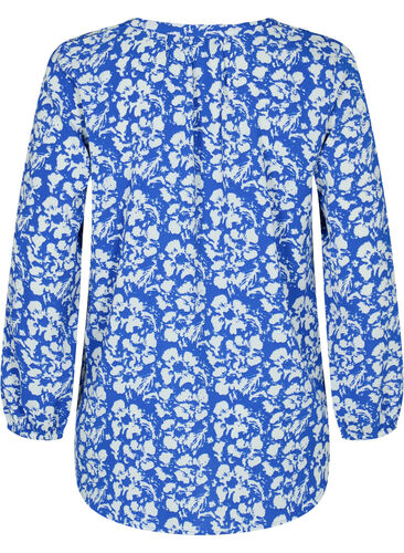 Langærmet bluse med blomsterprint og v-hals, Blue White Flower, Packshot image number 1