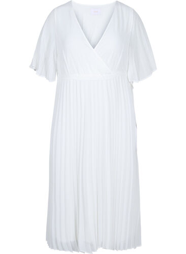 Plisseret midikjole med korte ærmer, Star White, Packshot image number 0