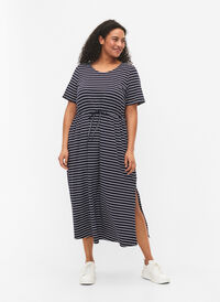Stribet midikjole i bomuld med korte ærmer, Night Sky Stripe, Model