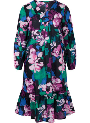 Blomstret midikjole med lange ærmer i viskose, Black Flower AOP, Packshot image number 0