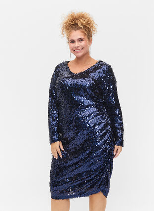 Kjole med pailletter og v-hals, Evening Blue, Model image number 0