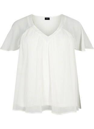 Ensfarvet bluse med flagermusærmer og v-hals, Warm Off-white, Packshot image number 0