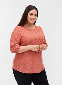 Bluse med 3/4 ærmer og broderi anglaise, Canyon Rose, Model
