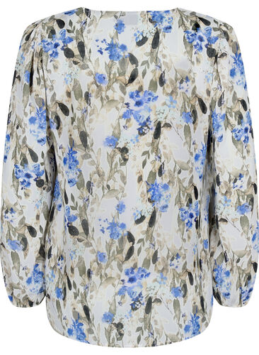 Printet bluse med lange ærmer, Blue Flower AOP, Packshot image number 1