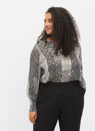 Printet bluse med smock og v-hals, Black Graphic Stripe, Model image number 0