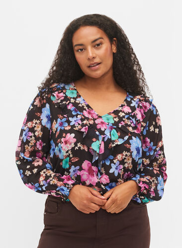 Blomstret bluse med flæsedetaljer, Bright Fall Print, Model image number 0