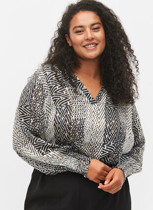 Printet bluse med smock og v-hals, Black Graphic Stripe, Model image number 2