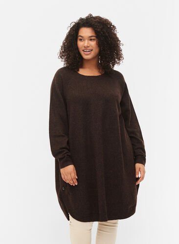 Meleret strikkjole med knapper, Bitter Chocolate Mel, Model image number 0