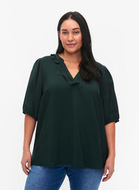 Viskosebluse med pufærmer og flæser, Scarab, Model