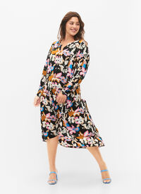 Midikjole med lange ærmer, Black Multi Flower, Model