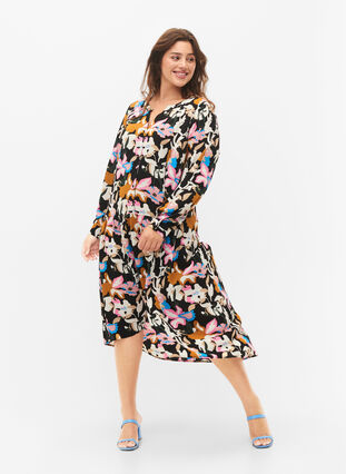 Midikjole med lange ærmer, Black Multi Flower, Model image number 0