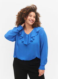 Langærmet flæsebluse, Strong Blue, Model