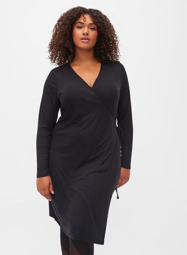 Langærmet wrapkjole i viskose, Black, Model image number 0
