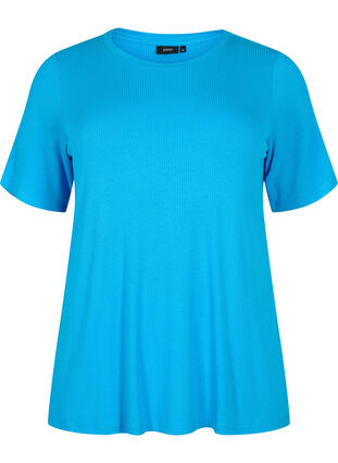 T-shirt i viskose med ribstruktur, Ibiza Blue, Packshot image number 0