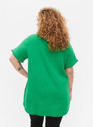Kortærmet bomulds tunika med flæser., Bright Green, Model image number 1