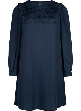 Langærmet kjole med flæser , Total Eclipse, Packshot image number 0