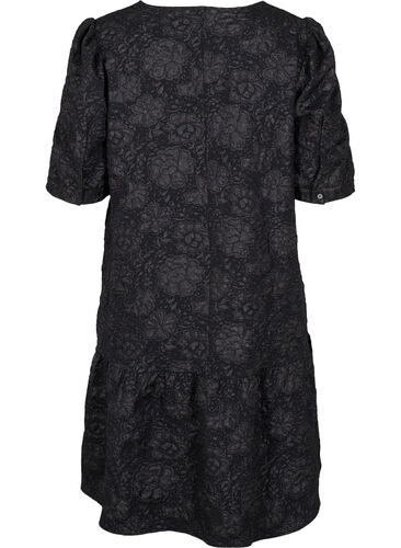 Kortærmet kjole med v-hals og blomstret struktur, Black, Packshot image number 1