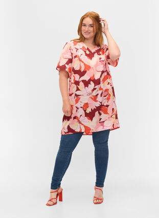 Blomstret viskose tunika med korte ærmer, Bordeaux Flower AOP, Model image number 2