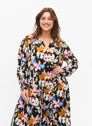 Midikjole med lange ærmer, Black Multi Flower, Model image number 2