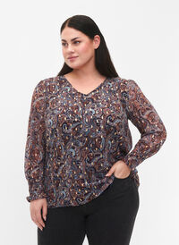 Paisley bluse med lange ærmer og v-hals, Blue Paisley AOP, Model