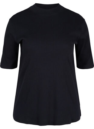 Højhalset bomuldsbluse med 2/4 ærmer, Black, Packshot image number 0