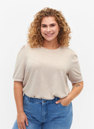 Bluse med korte pufærmer, Natural Mél, Model image number 0