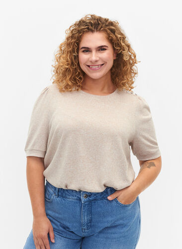 Bluse med korte pufærmer, Natural Mél, Model image number 0