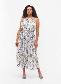Blomstret maxikjole med plissé, Blue Flower AOP, Model