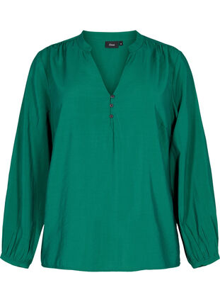 Langærmet bluse i viskosemix, Evergreen, Packshot image number 0