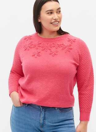 Strikbluse med blomsterdetalje, Hot Pink, Model image number 2