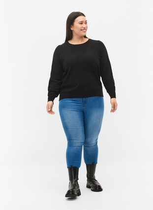Ensfarvet strikbluse med ribdetaljer, Black, Model image number 2