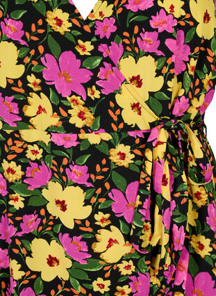 Printet wrapkjole med korte ærmer, Yellow Pink Flower, Packshot image number 2