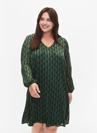 Langærmet kjole med v-hals og print, Scarab AOP, Model