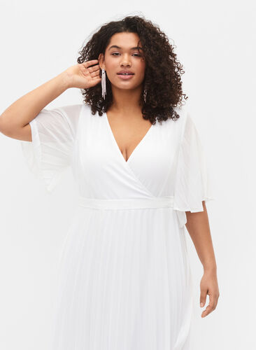 Plisseret midikjole med korte ærmer, Star White, Model image number 2